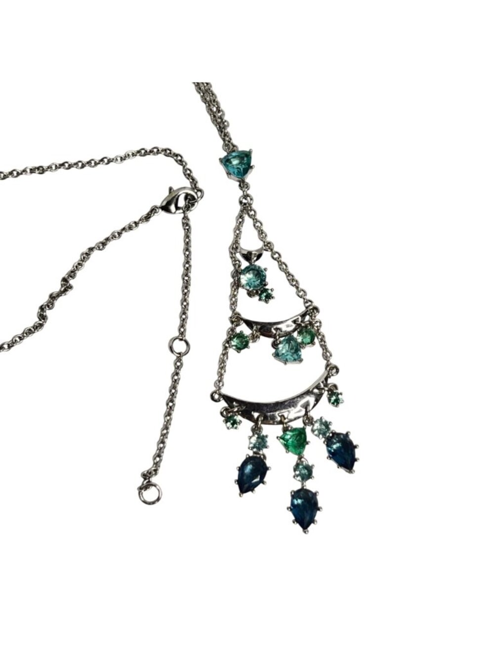 Silver Tone Necklace W/ Blue Rhinestone Cascading Chandelier Pendant (6338) - Picture 4 of 4